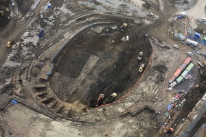 Arial photo of ground works beginning at the London 2012 Olympic Velodrome
