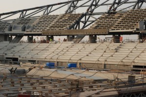 Laying out the cables prior to lift during the construction of the London 2012 Olympic Velodrome