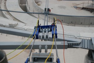 Tensioning roof cables during construction of the London 2012 Olympic Velodrome